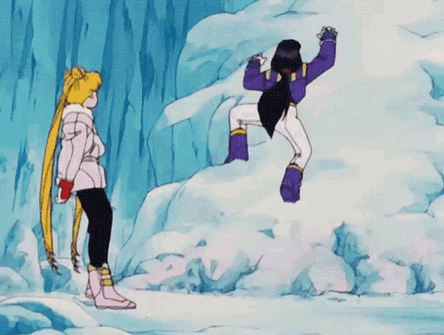 a girl in a pink jacket is standing next to a girl in a purple jacket who is jumping in the air