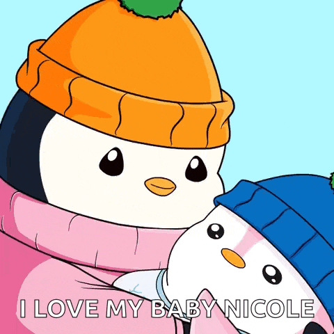 a cartoon of two penguins wearing hats and scarves with the words i love my baby nicole below them