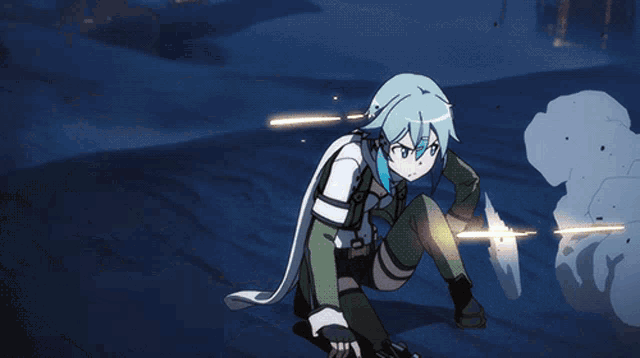 a blue haired anime character is holding a gun in her hand