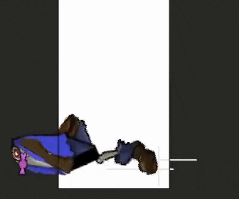 a cartoon character with a black head and purple eyes is wearing a blue jacket and bow tie .
