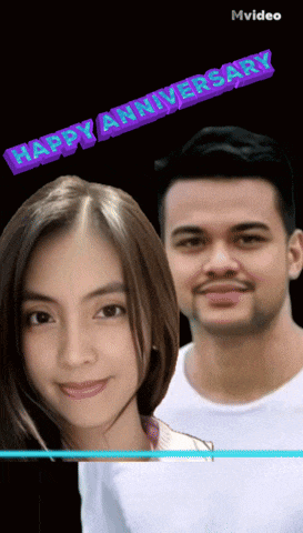 a man and a woman are standing next to each other with the words happy anniversary written above them