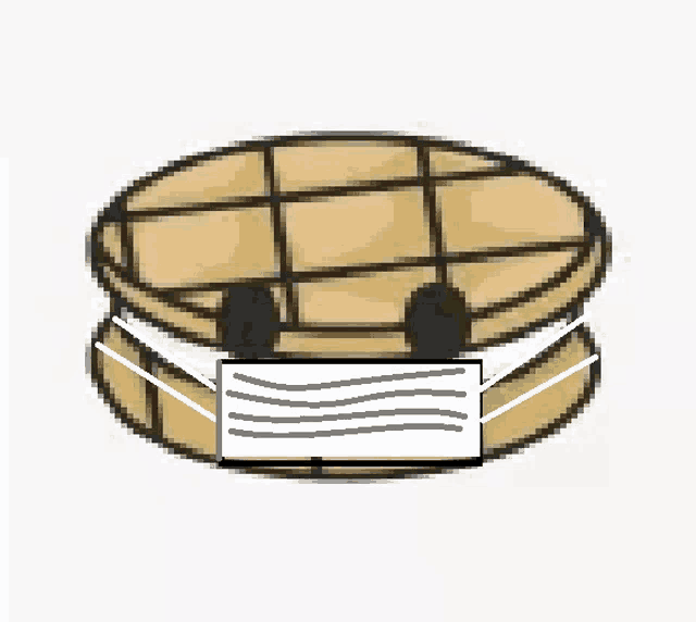 a cartoon drawing of a waffle with a face mask on it .