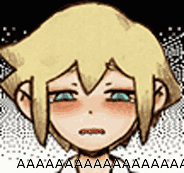a cartoon girl with blonde hair and blue eyes is making a sad face .