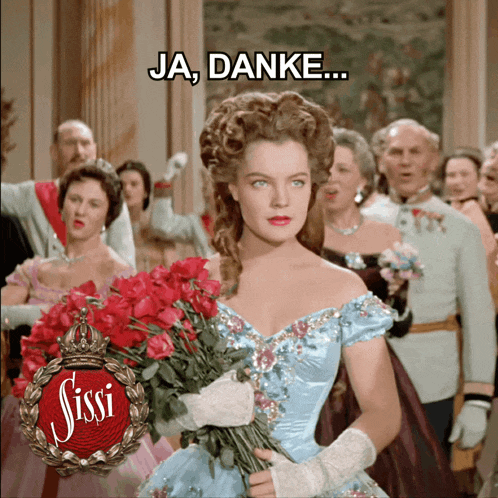 a woman in a blue dress is holding a bouquet of red roses in front of a sign that says " sissi "