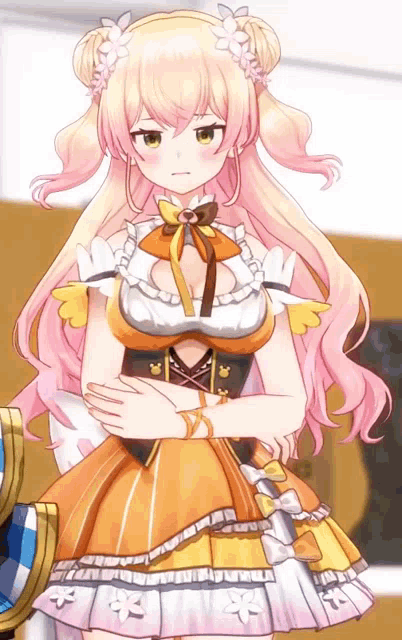 a girl with long pink hair is wearing a dress with a bow
