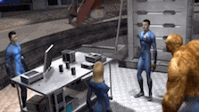 a group of people are standing around a table in a room .