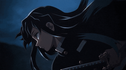 a close up of a person 's face with long black hair and blue eyes