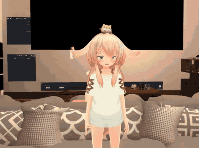 a girl with a hamster on her head is standing in front of a couch