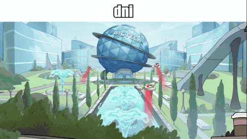 a cartoon drawing of a city with big tech written on a large sphere