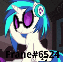 a picture of a pony wearing headphones and sunglasses with the number 6524 on the bottom