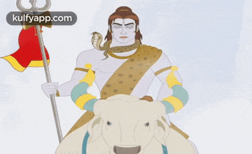 a cartoon of a man riding a cow with a snake around his neck