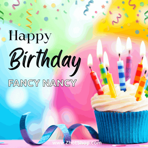 a happy birthday fancy nancy greeting card with a cupcake and candles