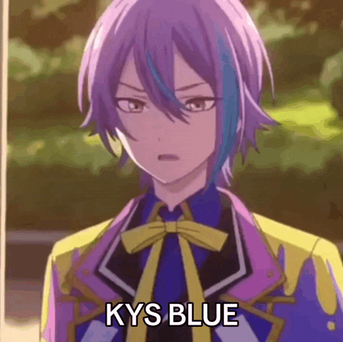 a boy with purple hair and blue streaks is wearing a purple jacket and a blue tie .