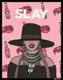 a drawing of a woman wearing a hat with the word slay written above her