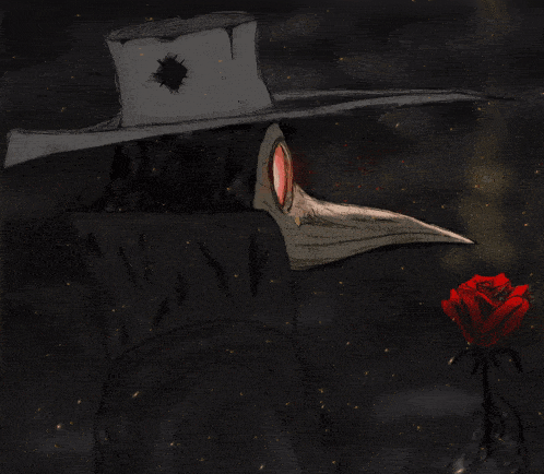a drawing of a plague doctor with a long beak holding a rose