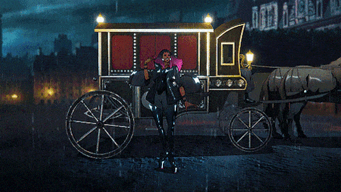 a drawing of a horse drawn carriage with a pink glow in the background