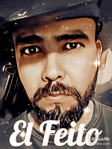 a man with a beard wearing a hat and a shirt that says el feito on it