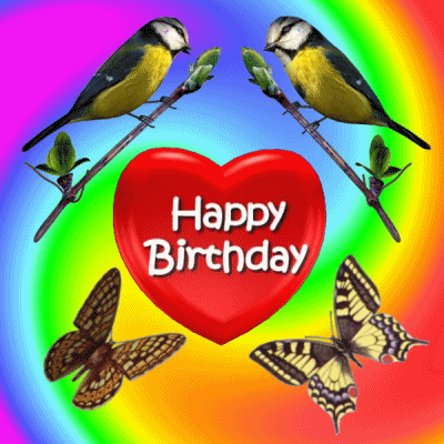 a happy birthday card with birds and butterflies on a colorful background