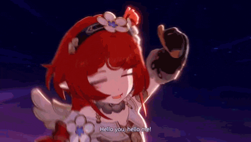 a girl with red hair is holding a sword and says hello you , hello me .