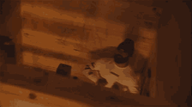 a man with a beard and a beanie is standing in a wooden room .