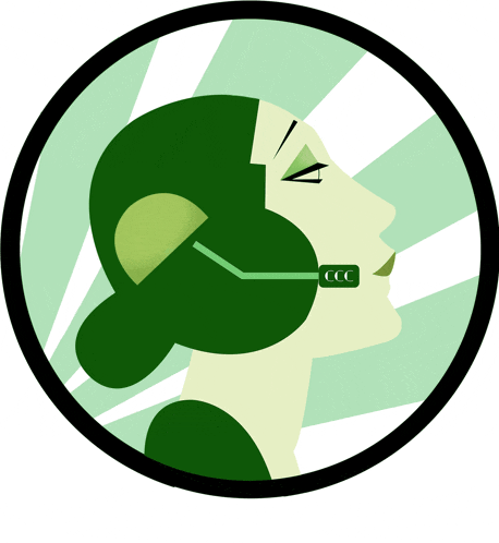 an illustration of a woman wearing a headset with ccc written on it
