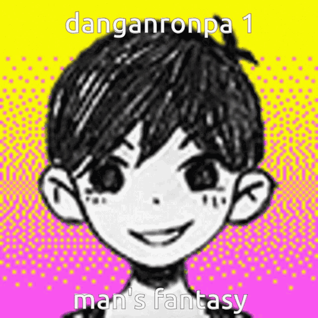 a drawing of a boy with the words " danganronpa 1 man 's fantasy " on the bottom