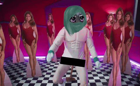 a group of women in red swimsuits are standing around a man in a white costume
