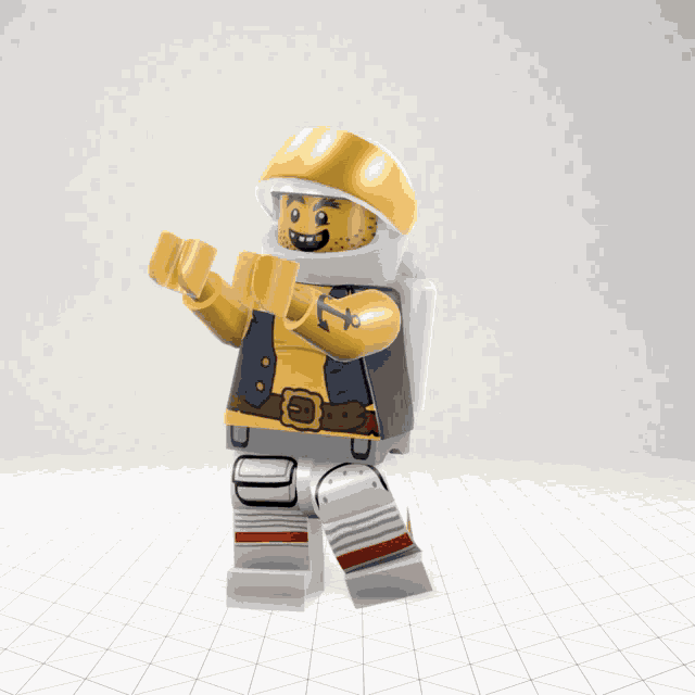 a lego figure wearing a helmet and a vest with an anchor on it