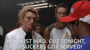 a man in a red hat says you just mad cuz tonight you suckers got served !