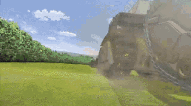 a cartoon of a tank driving through a field
