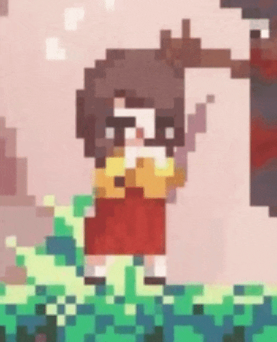 a pixel art of a girl in a red dress standing next to a tree in a field .