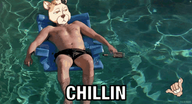 a shirtless man is laying on a raft in a pool with the word chillin written on the bottom