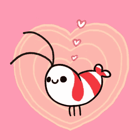 a cartoon of a shrimp with hearts coming out of its tail