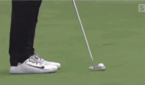 a person is putting a golf ball on a green while wearing nike shoes