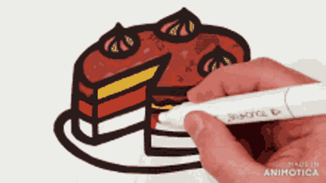 a person is drawing a cake on a plate with a marker that says made in animatica