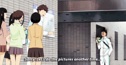 a group of people are standing in front of a building and one of them says sorry let 's do the pictures another time ...