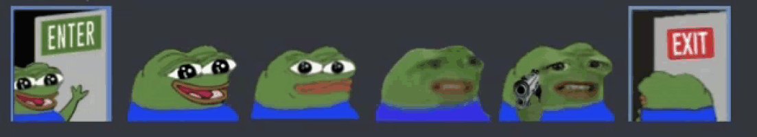 a picture of a frog with different faces next to an exit sign
