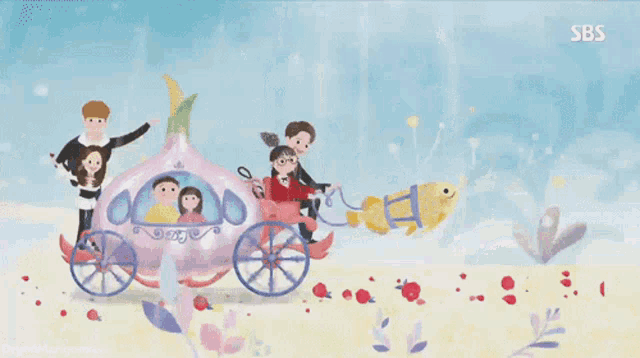 a cartoon of a family in a carriage with sbs written on the bottom right