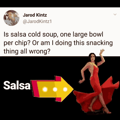 a woman in a red dress is dancing next to a tweet by jarod kintz .