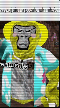 a cartoon gorilla wearing a blue shirt and a yellow hat .