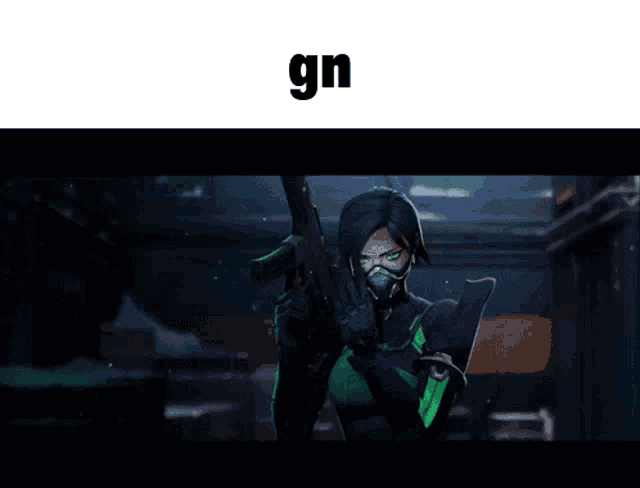 a video game character is holding a gun with the word gn above her