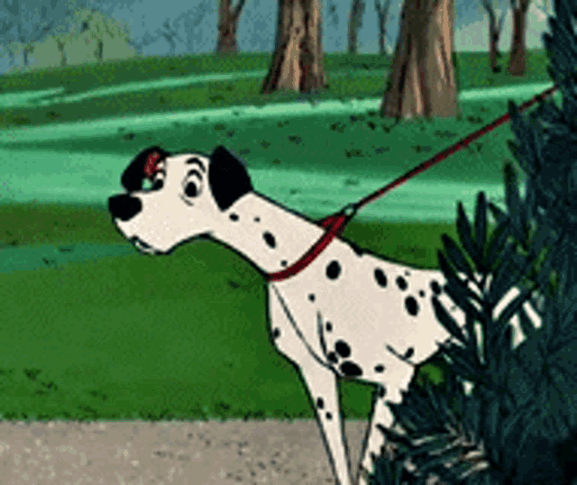a dalmatian dog is on a leash in a cartoon