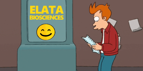 a cartoon character looking at a machine that says elata biosciences