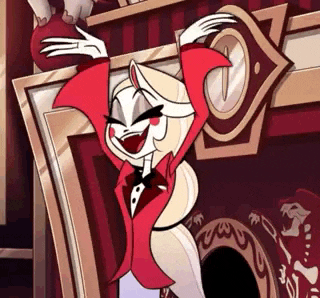 a cartoon character is standing in front of a fireplace with her arms in the air and smiling .