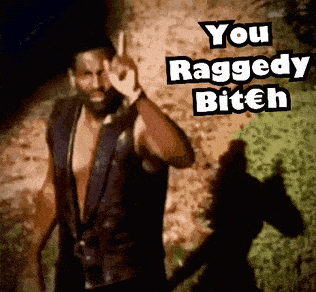 a man giving a peace sign with the words " you raggedy bitch " above him
