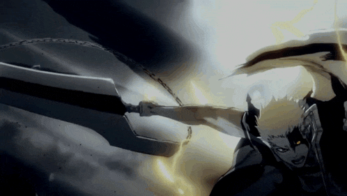 a man is holding a large sword in his hand