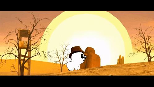 a cartoon character in a cowboy hat stands in front of a large sun