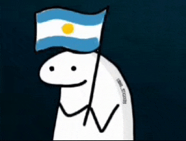a stick figure is holding a blue and white flag on his head .