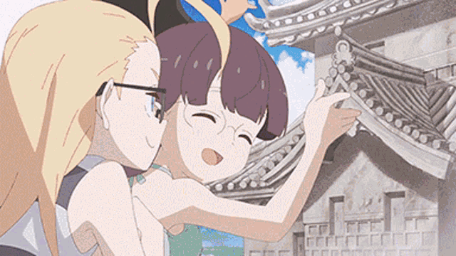 a couple of anime characters standing next to each other with one pointing at something