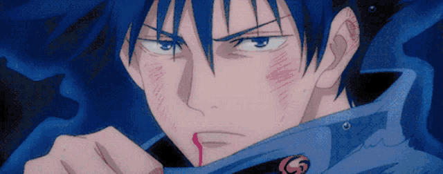 a blue haired anime character with a bloody nose